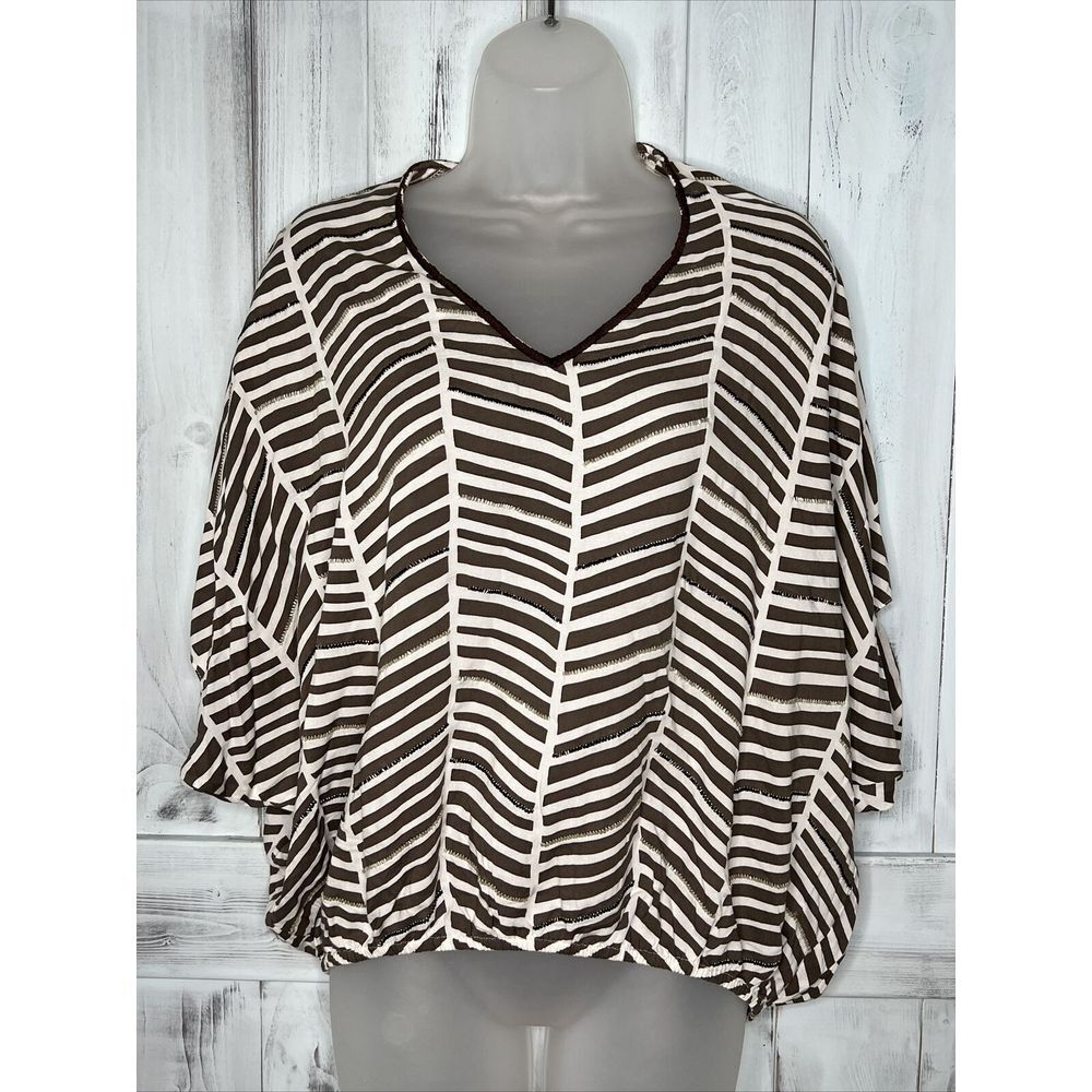 WOMENS SKEMO BROWN WHITE‎ GEOMETRIC BEADED OVERSIZED RAYON AIRY TOP BLOUSE XS